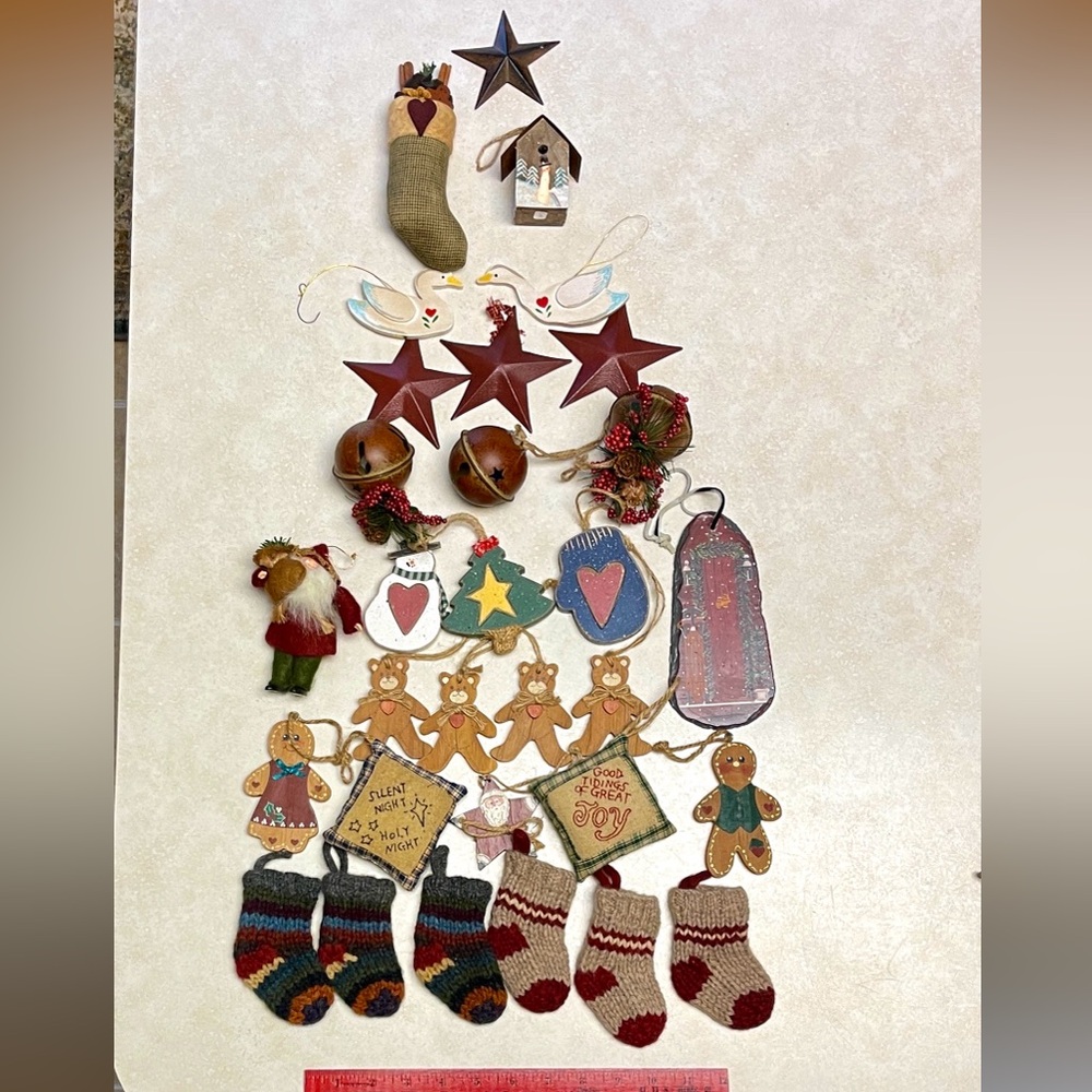 Country and Rustic Christmas Tree Ornaments, 30+ items, up to 12" long